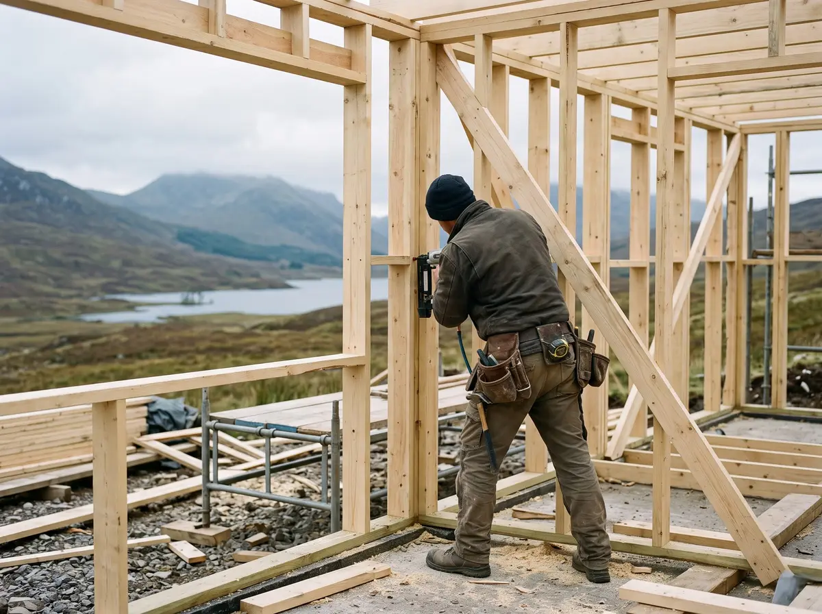 A joiner fixing the timber frame of a new house beside a loch