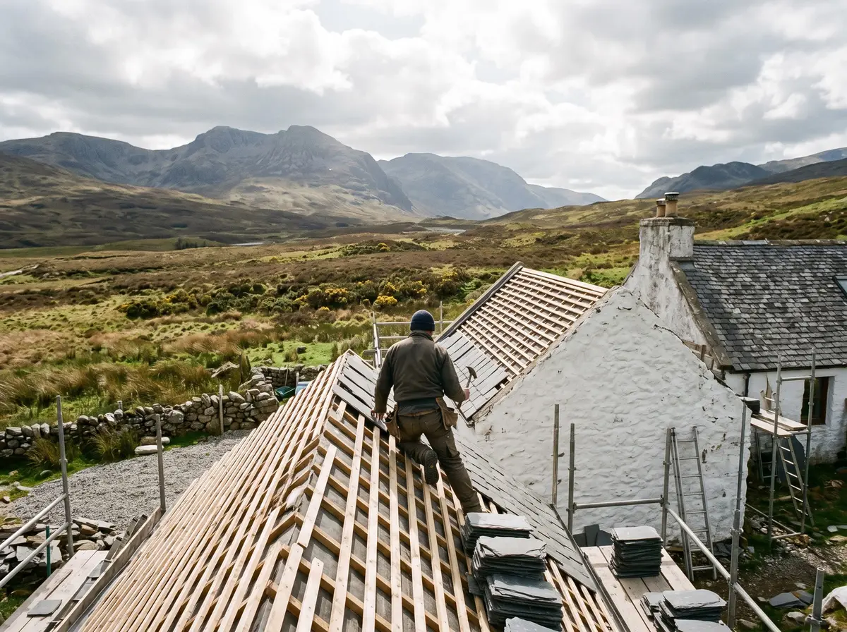 A roofer laying slate on a croft house extension with mountains behind